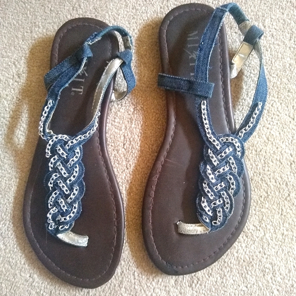 Denim Chain Embroidered Flat Sandals